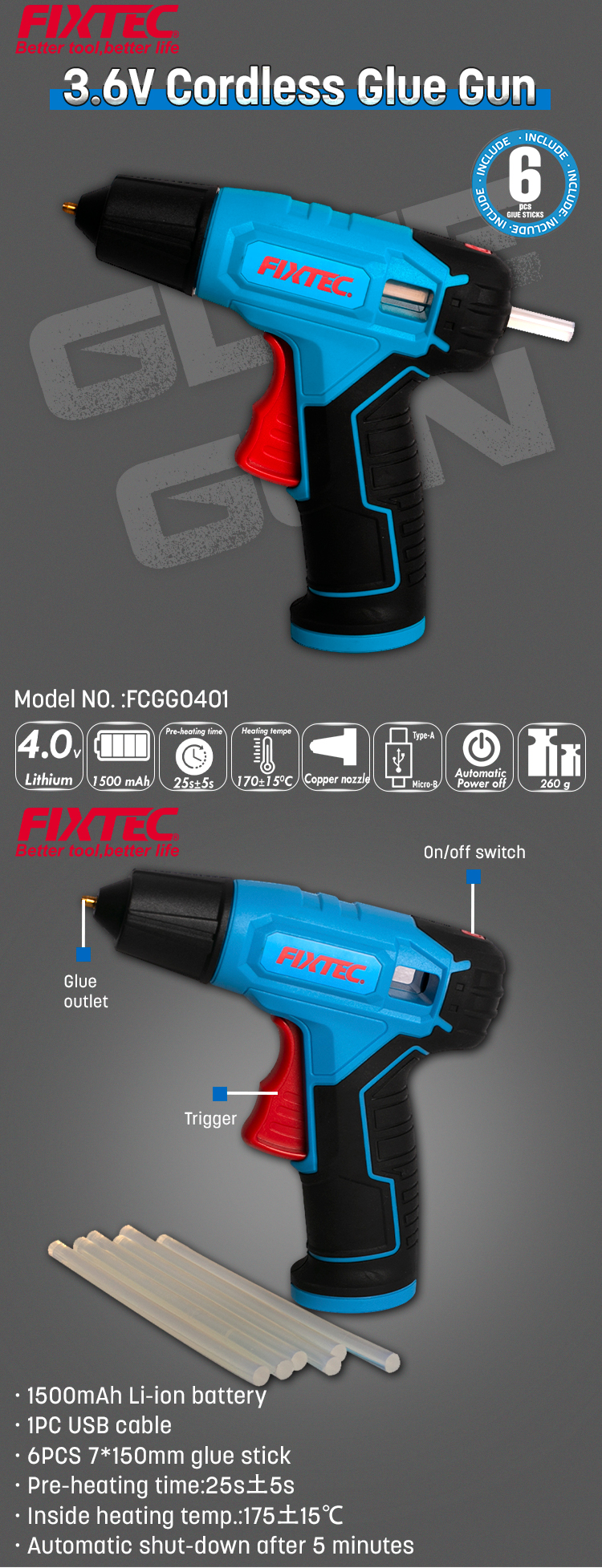 Fixtec Hot Glue Gun 20V Cordless Glue Gun Full Size with 3 PCS Glue Sticks  for Arts & Crafts & DIY - China Hot Melt Glue Gun, Electric Tool