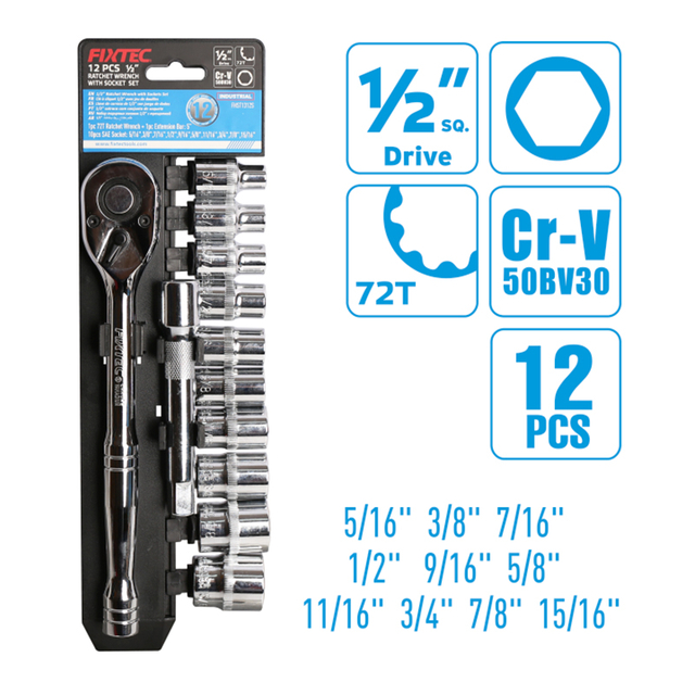 12 Pcs 1/2" Ratchet Wrench with SAE Sockets Set