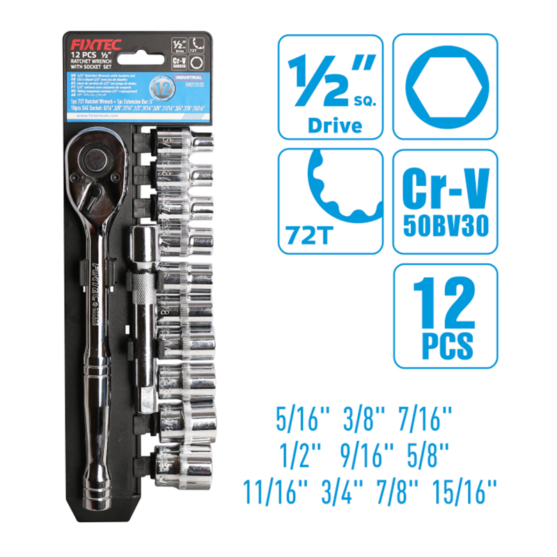 12 Pcs 1/2" Ratchet Wrench with SAE Sockets Set