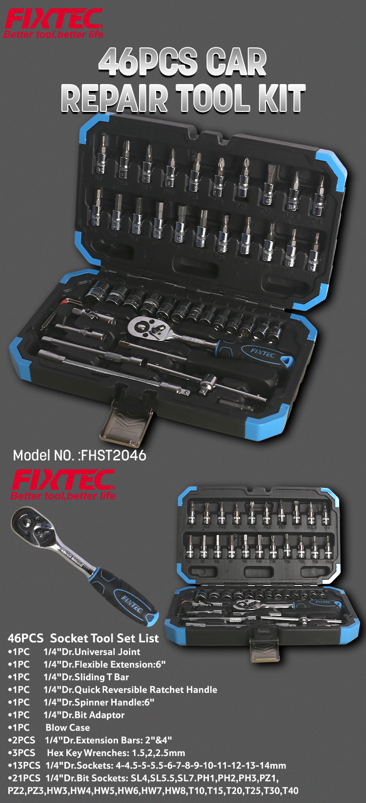 FIXTEC 76PCS Car Repair Tool Kit