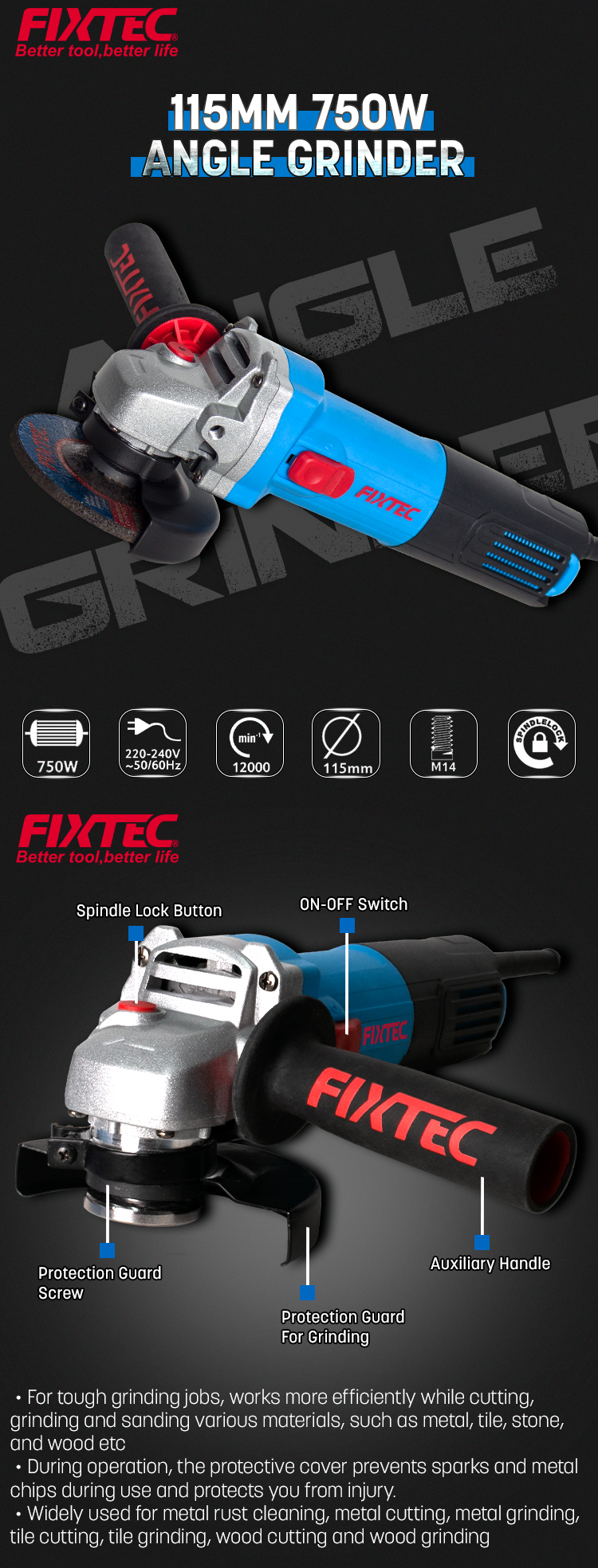 4.5Inch 115mm Electric Angle Grinder