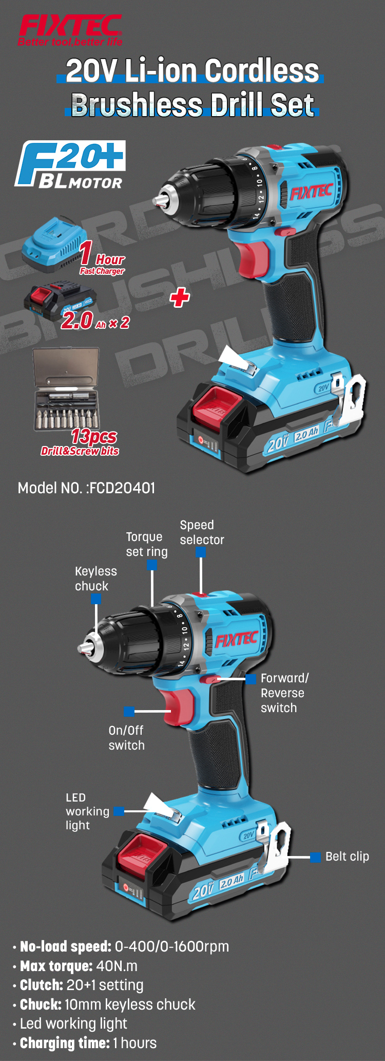 20V Li-ion Cordless Brushless Drill